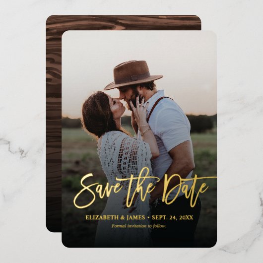 Gold Script Rustic Save the Date Wedding Folie Uitnodiging (Voorkant / Achterkant)