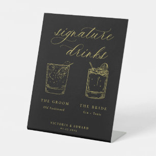 Gold Script Signature Drink Black Wedding Reclamebord Met Voetstuk