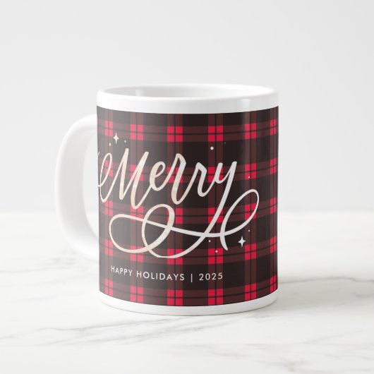Gold Script Sparkly Merry Holiday Plaid Foto Gift Grote Koffiekop (Links)