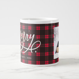 Gold Script Sparkly Merry Holiday Plaid Foto Gift Grote Koffiekop
