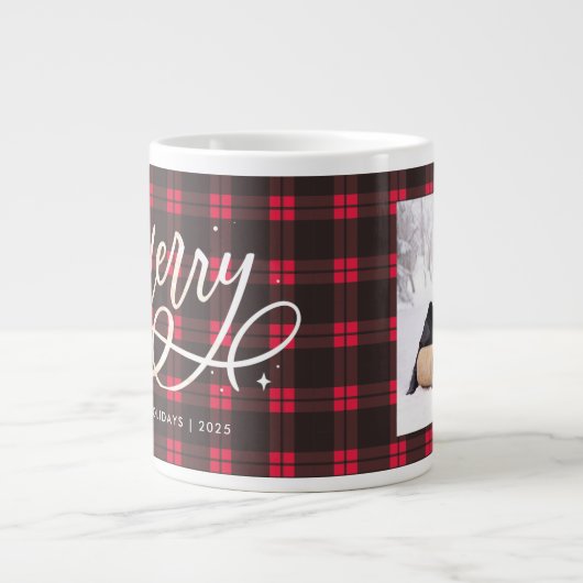 Gold Script Sparkly Merry Holiday Plaid Foto Gift Grote Koffiekop (Voorkant)