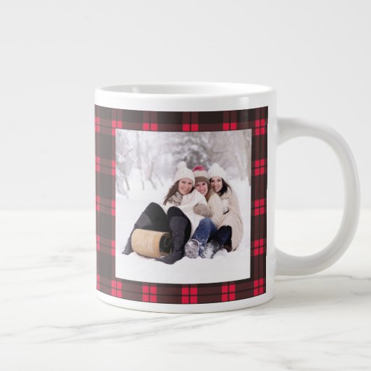 Gold Script Sparkly Merry Holiday Plaid Foto Gift Grote Koffiekop (Rechts)