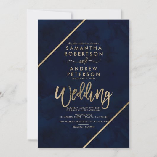 Gold script streept marvy blue waterverf bruiloft kaart (Voorkant)