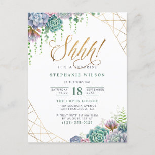 Gold Script & Succulents Verrassing Verjaardagsfee Uitnodiging Briefkaart