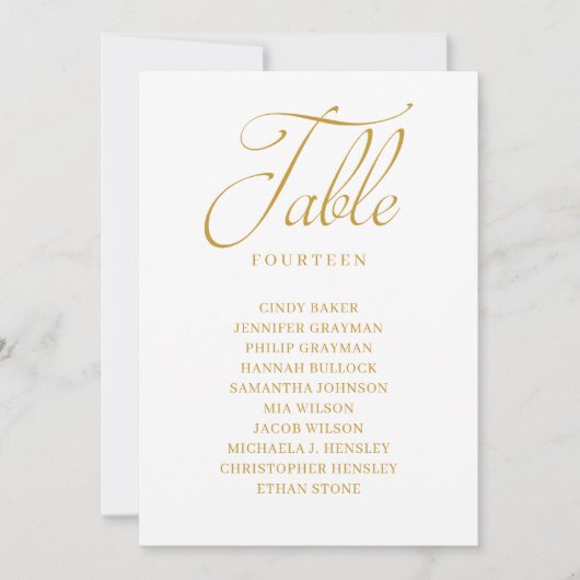 Gold Script Table Number Seating Chart Kaart (Voorkant)