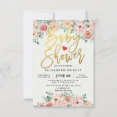 Gold Script & Waterverf Floral Baby shower Uitnodi Kaart (Voorkant)