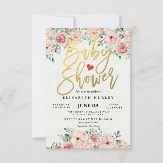Gold Script & Waterverf Floral Baby shower Uitnodi Kaart (Voorkant)