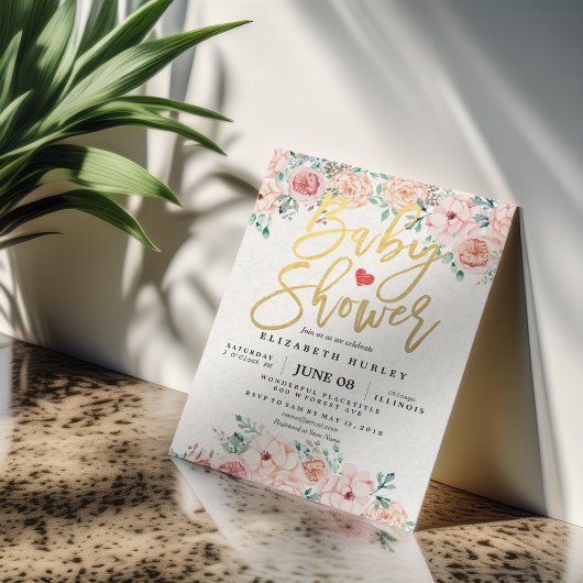 Gold Script & Waterverf Floral Baby shower Uitnodi Kaart