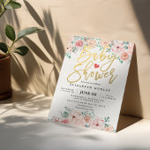 Gold Script & Waterverf Floral Baby shower Uitnodi Kaart