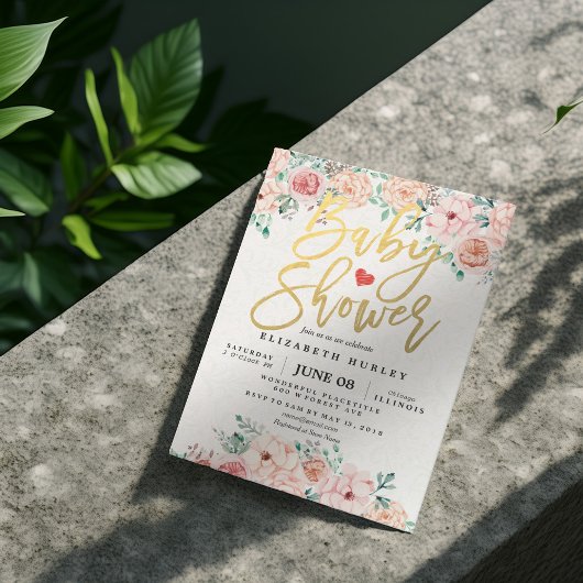 Gold Script & Waterverf Floral Baby shower Uitnodi Kaart