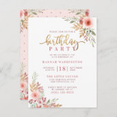 Gold Script & Waterverf Floral Birthday Party Uitnodiging Briefkaart (Voorkant / Achterkant)