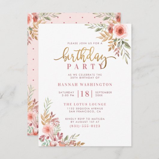 Gold Script & Waterverf Floral Birthday Party Uitnodiging Briefkaart (Voorkant / Achterkant)
