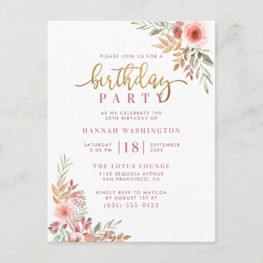 Gold Script & Waterverf Floral Birthday Party Uitnodiging Briefkaart (Voorkant)