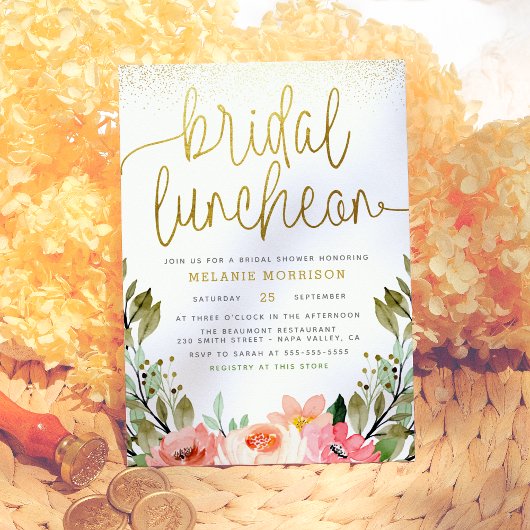 Gold Script Waterverf Floral Bridal Luncheon Kaart