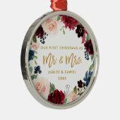 Gold Script Waterverf Floral eerste kerstmis Metalen Ornament (Rechts)