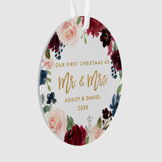 Gold Script Waterverf Floral eerste kerstmis Ornament (voorkant)