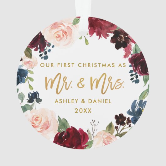 Gold Script Waterverf Floral eerste kerstmis Ornament (achterkant)