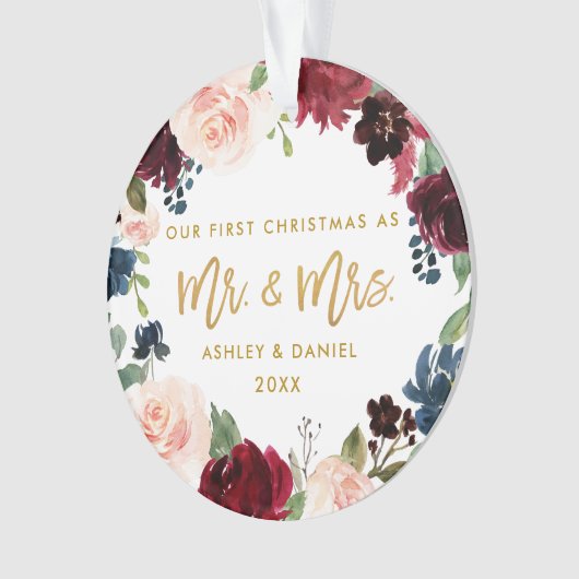 Gold Script Waterverf Floral eerste kerstmis Ornament (voorkant)