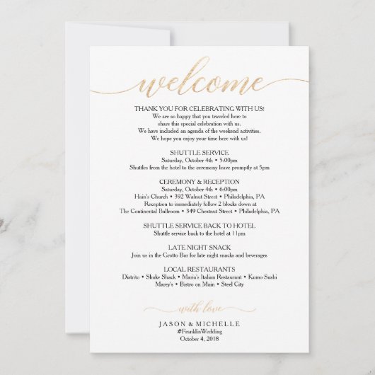 Gold Script Weddenroute - Welkomstwoord voor bruil Kaart (Voorkant)