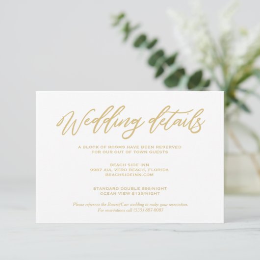 Gold Script Wedding Details Hotel Accommodations Informatiekaartje (Staand voorkant)