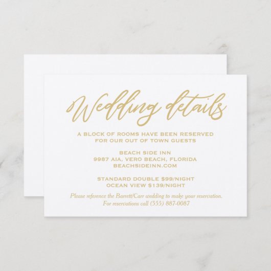 Gold Script Wedding Details Hotel Accommodations Informatiekaartje (Voorkant / Achterkant)