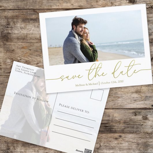Gold Script Wedding Save the Date Foto Aangepast Briefkaart