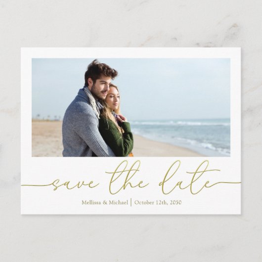 Gold Script Wedding Save the Date Foto Aangepast Briefkaart (Voorkant)