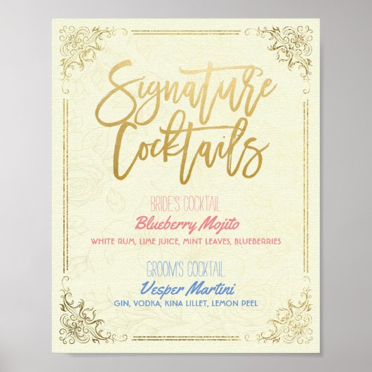 Gold Script Wedding Signature Cocktail Drink Menu Poster (Voorkant)