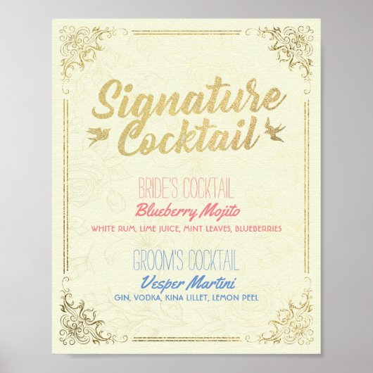 Gold Script Wedding Signature Cocktail Drink Menu Poster (Voorkant)