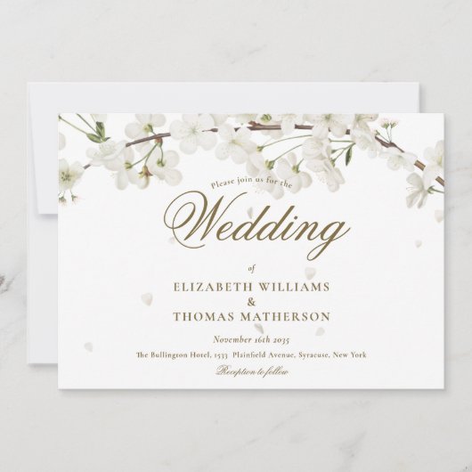 Gold Script White Blossom Floral Wedding Kaart (Voorkant)