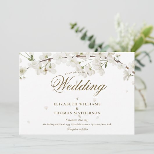 Gold Script White Blossom Floral Wedding Kaart (Staand voorkant)