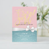Gold Script White Ribbon Blue Roze Baby shower Kaart (Staand voorkant)