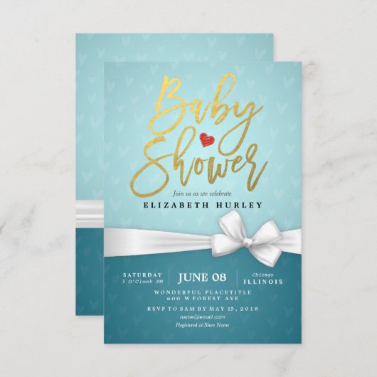 Gold Script White Ribbon Turquoise Baby shower Kaart (Voorkant / Achterkant)