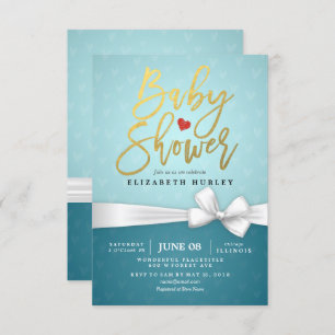 Gold Script White Ribbon Turquoise Baby shower Kaart