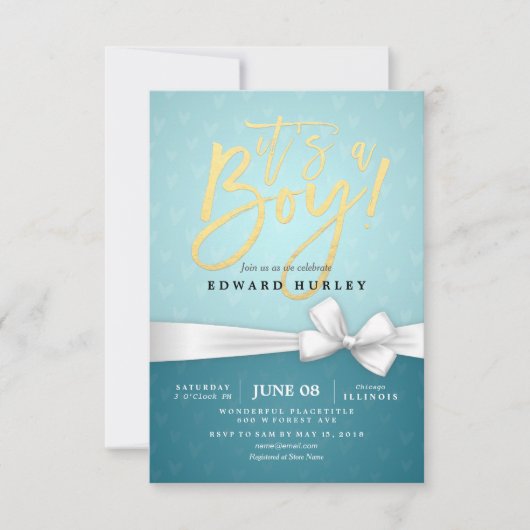 Gold Script White Ribbon Turquoise Baby shower Kaart (Voorkant)