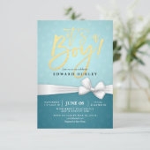 Gold Script White Ribbon Turquoise Baby shower Kaart (Staand voorkant)