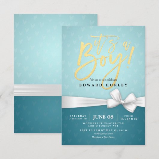 Gold Script White Ribbon Turquoise Baby shower Kaart (Voorkant / Achterkant)