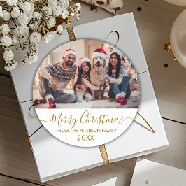 Gold Script Witte Familie Foto Vrolijk Kerstfeest Ronde Sticker