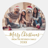 Gold Script Witte Familie Foto Vrolijk Kerstfeest Ronde Sticker (Voorkant)