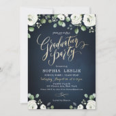 Gold script witte floral graduparty kaart (Voorkant)