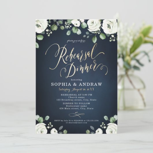 Gold script witte floral repesal Dinner Kaart (Staand voorkant)