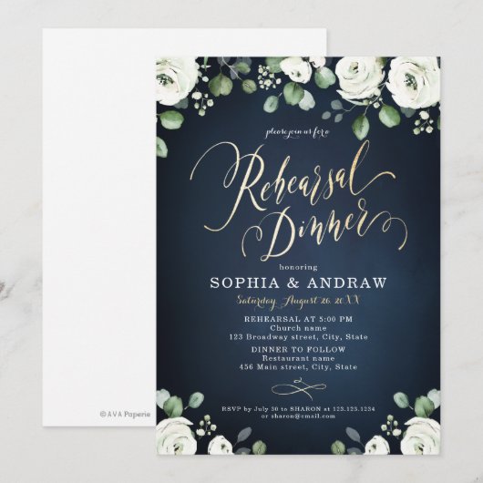 Gold script witte floral repesal Dinner Kaart (Voorkant / Achterkant)