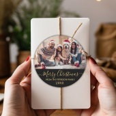 Gold Script Zwart Familie Foto Vrolijk Kerstfeest Ronde Sticker