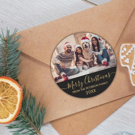 Gold Script Zwart Familie Foto Vrolijk Kerstfeest Ronde Sticker