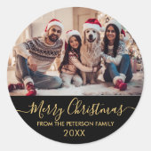 Gold Script Zwart Familie Foto Vrolijk Kerstfeest Ronde Sticker (Voorkant)