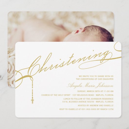 Gold Scripted Christening Cross Foto Religieuze Kaart (Voorkant / Achterkant)