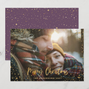 Gold scriptster Kerstmis 1 foto paars modern Feestdagenkaart