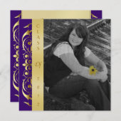 Gold Scroll Foto Paarse Graduation Invitations Kaart (Voorkant / Achterkant)