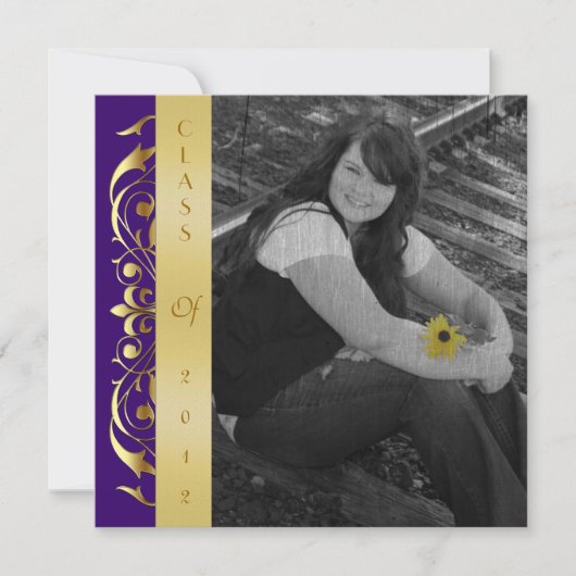 Gold Scroll Foto Paarse Graduation Invitations Kaart (Voorkant)