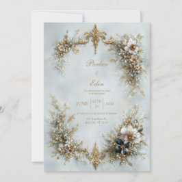 Gold Scroll Frame White Floral Dusty Blue Wedding Kaart